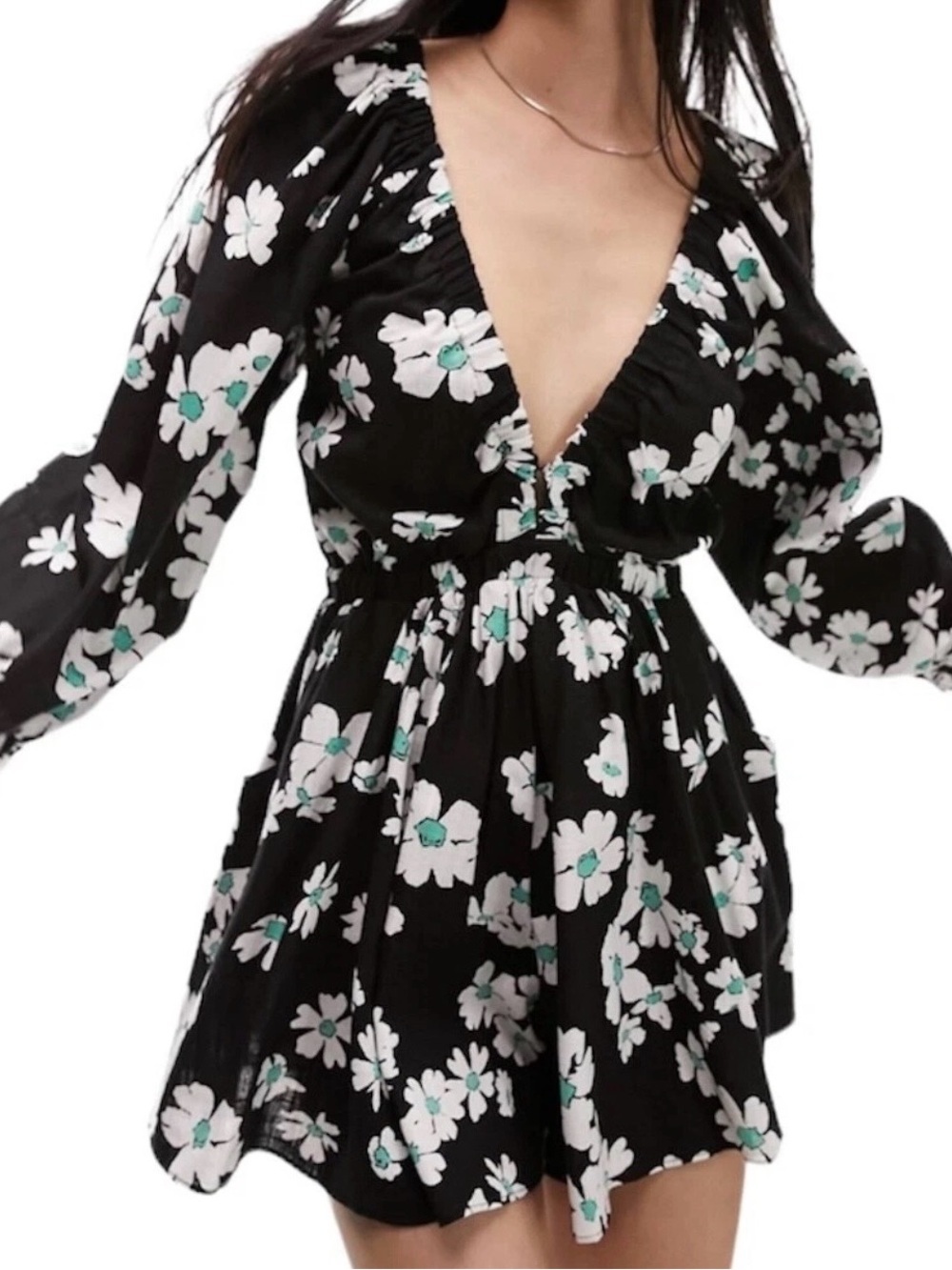 Topshop Black & White Floral Romper with Teal Accents